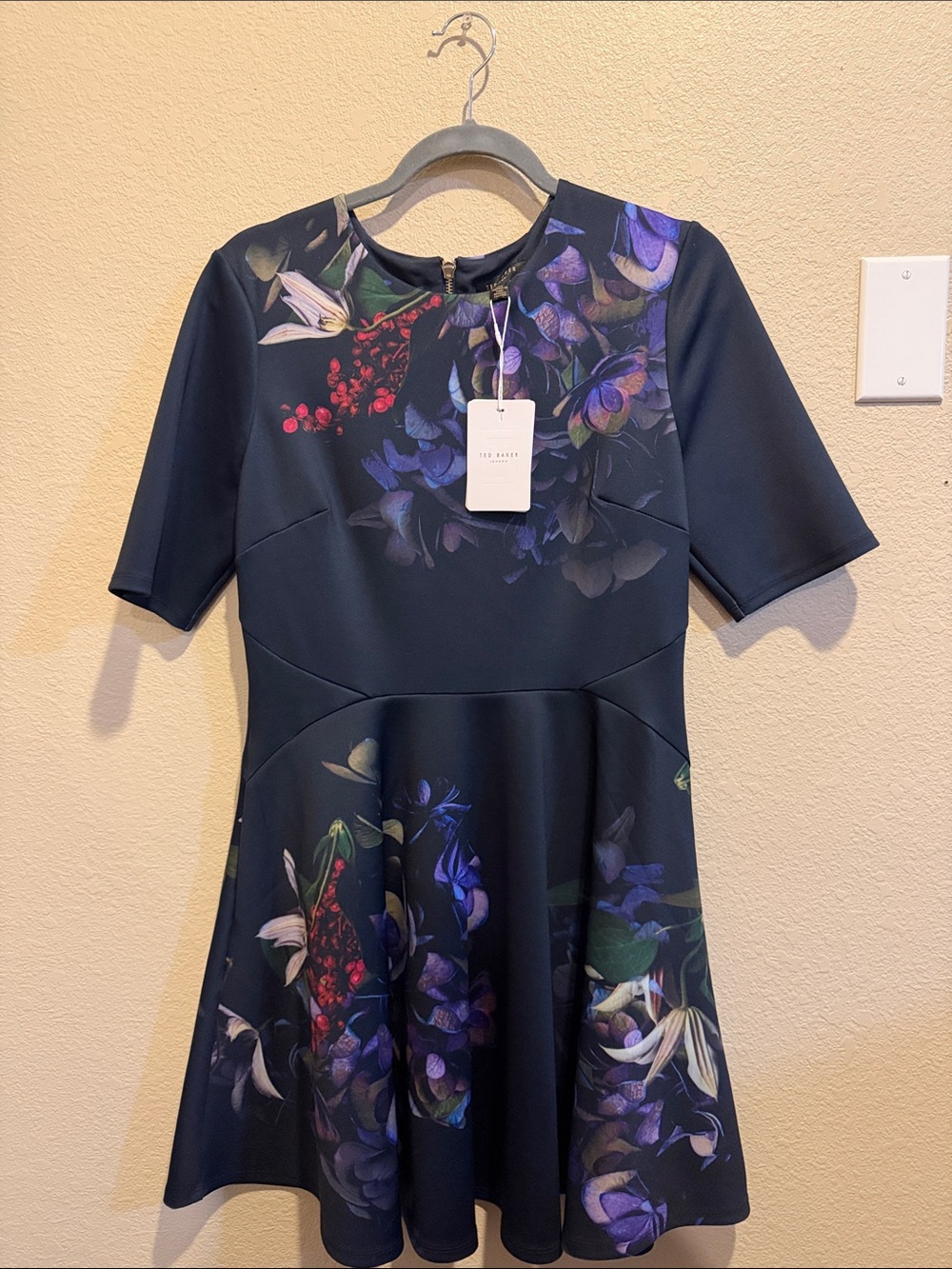 Ted Baker Navy Floral Fit Flare Dress with Purple Accents